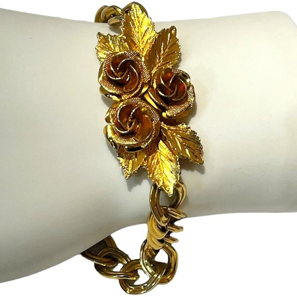 Vintage Gold Plated Art Deco Rose Cluster Bracelet - Picture 1 of 9